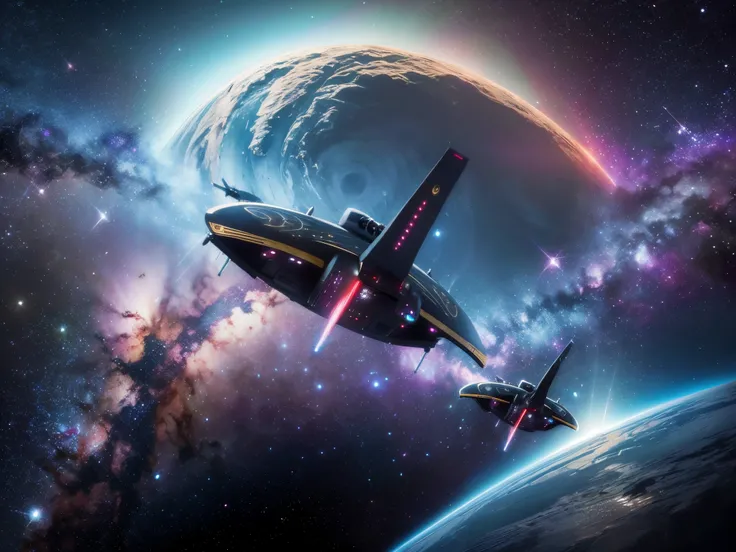 Create a dramatic and cinematic portrayal of the USS Enterprise NCC-1701-D navigating through a vibrant and colorful nebula. Reference the works of space artists like David A. Hardy or Chesley Bonestell.