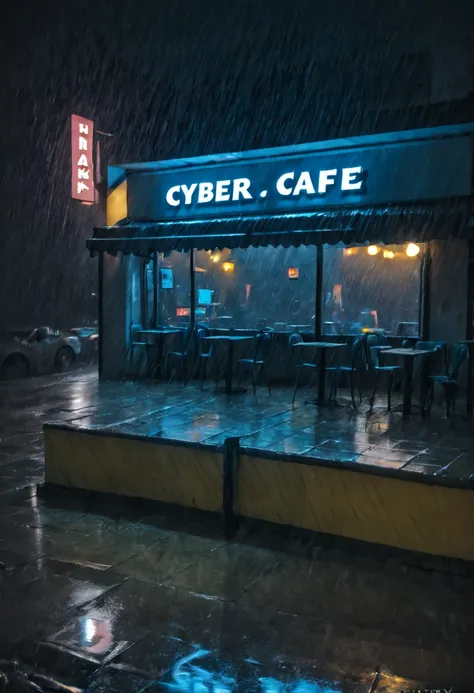 cyber cafe at night in the pouring rain