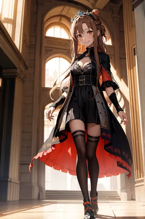 anime, highly detailed face, highly detailed eyes, highly detailed background, perfect lighting, full body, 1girl, solo, Asuna Yuuki, asuna, formal, indoors, smile, black short dress, black heels, cleavage, tiara, jewelry, hair bun, frilled skirt, see-thro...