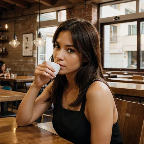 Woman at a table drinking coffee