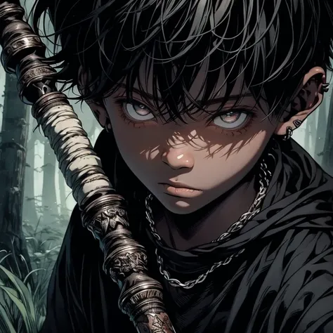 a black boy, with a white iris, aged six years, short kid, strong gaze, amidst the forest, vagabond art style kentaro miura art style, berserk style, holding saber.