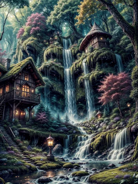 (best quality,4k,8k,highres,masterpiece:1.2),ultra-detailed,realistic:1.37,fantasy,enchanted,fairy village,tiny houses,waterfall,magical,whimsical,lush greenery,sparkling,ethereal,mystical,sunlight filtering through trees,golden hues,floating lanterns,glis...