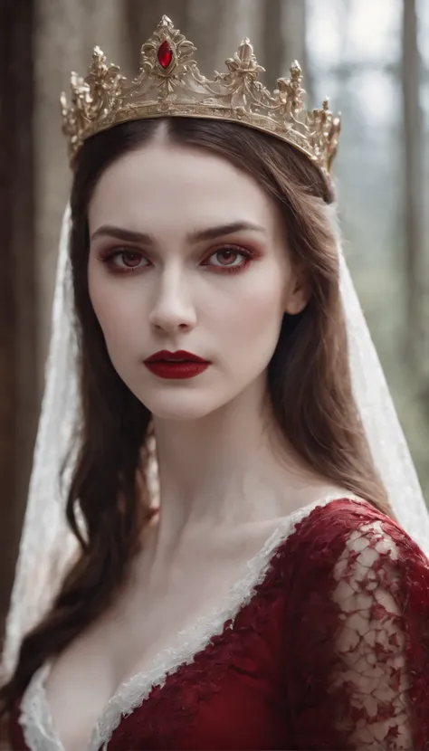 Royal Vampire Queen, 1girl, white pale perfect skin, red eyes, gothic Red/White Dress, in the Sanctuary, 8k