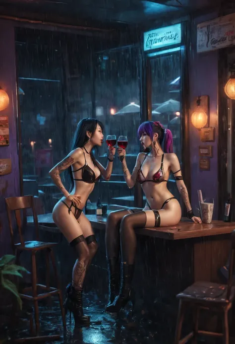 cyber cafe at night in the pouring rain table with spilled wine glass, Two Asian elf girls kissing, wearing lingerie, thong bikini, fishnet stockings, thigh high boots, tattoos