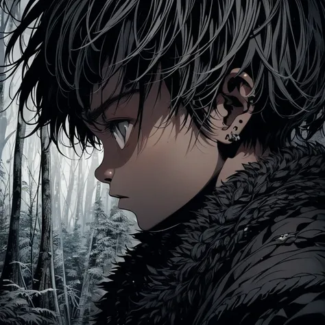 a black boy, with a white iris, white hair, aged six years, short kid, angered, amidst the forest, vagabond art style kentaro miura art style, berserk style, holding saber, low angle.