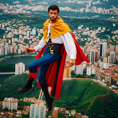 A young Brazilian superhero standing on top of Christ the Redeemer observing the landscape with a cape swinging