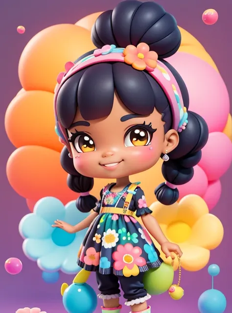 a cartoon black girl with ponytails smiling, long pants, Many bubbles, basket of flowers, super cute funky girl, cute detailed digital art, Portrait of a Lisa Frank, beautiful digital art, cartoon art cartoon, cartoon art style, full-color illustration, ad...