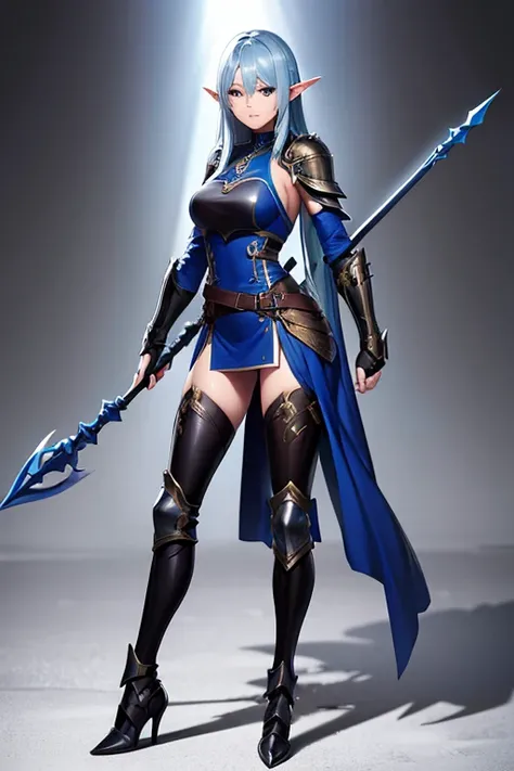 elf female with long straight blue hair and big brown eyes, sexy, wearing full body black leather armor, armed with a spear