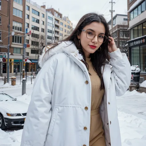 Tracy ,, 1girl, animal, animal on shoulder, bird, black eyes, black hair, model face, latest generation with perfect face, blue sky, cityscape, clear sky, coat, day, earrings, glasses hanging, glasses off, fur coat, jacket, jewelry, long hair, sexy look, s...