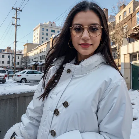 Tracy ,, 1girl, animal, animal on shoulder, bird, black eyes, black hair, model face, latest generation with perfect face, blue sky, cityscape, clear sky, coat, day, earrings, glasses hanging, glasses off, fur coat, jacket, jewelry, long hair, sexy look, s...