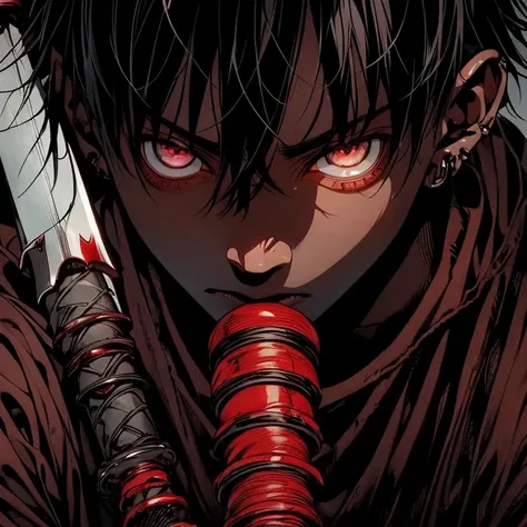 a dark skinned boy, with a red iris, aged six years, short kid, white hair, strong gaze, amidst the forest, vagabond art style, kentaro miura art style, berserk style, holding sword, Close up angle, basic sword fighting stance, pose