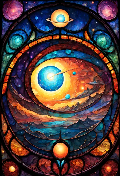 a magnificent sunset on a strange and mysterious alien Stained glass style planete. Its very textured and detailed with dreaming lot of whirlwind multicolored and dreaming dust