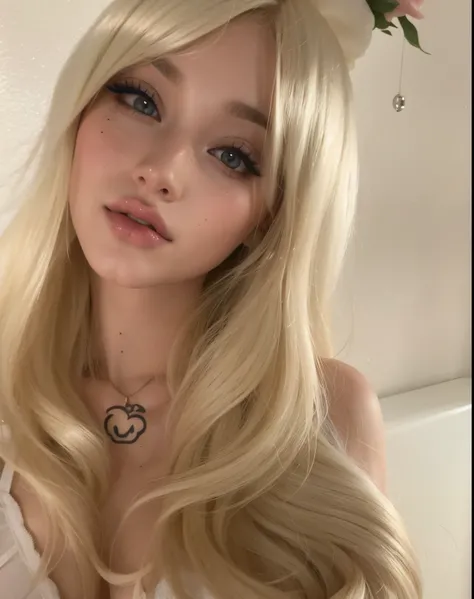 mulher loira com uma tatuagem de Hello Kitty no peito, Retrato de Kim Petras, ava max, longos cabelos loiros e olhos grandes, very very pale blond hair, extremely pale blond hair, longos cabelos loiros e olhos grandes, linda Delphine, extremely pale white ...