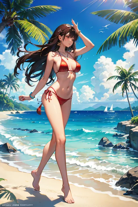 (best quality,4k,highres,masterpiece:1.2),ultra-detailed,realistic,tropical style, red bikini, long brown blackish hair, beautiful hands,lush vegetation,beautiful seashells,soft sandy shore,gentle ocean waves,joyful expression,sparkling brown eyes,endless ...