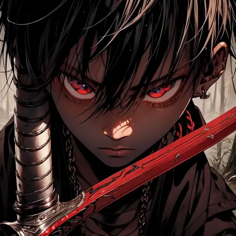 a dark skinned boy, with a red iris, aged six years, short kid, white hair, strong gaze, amidst the forest, vagabond art style, kentaro miura art style, berserk style, holding sword, Close up angle, basic sword fighting stance, pose