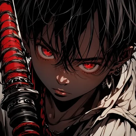 a dark skinned boy, with a red iris, aged six years, short kid, white hair, strong gaze, amidst the forest, vagabond art style, kentaro miura art style, berserk style, holding sword, Close up angle, basic sword fighting stance, pose