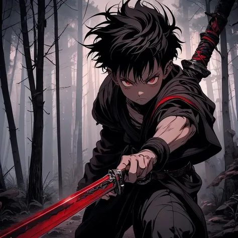 a dark skinned boy, with a red iris, aged six years, short kid, white hair, strong gaze, amidst the forest, vagabond art style, kentaro miura art style, berserk style, holding sword, wide angle, basic sword fighting stance, pose, black robe dramatic, actio...