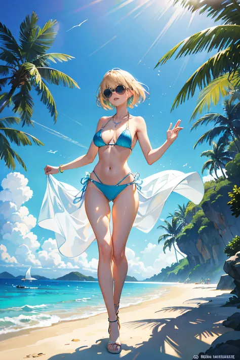 (best quality,4k,highres,masterpiece:1.2),ultra-detailed,realistic,tropical style, blue bikini, beach towel around her, short blond hair, wearing sunglasses, beautiful hands,lush vegetation,beautiful seashells,soft sandy shore,gentle ocean waves,joyful exp...