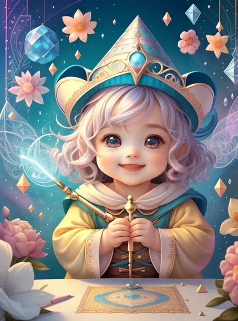 (cute baby wizard smiling with a flower magic wand in an enchanted florest) Munchkin,Geometric multidimensional wall portrait, livro de arte, Tchibi,
Yang08k, Beautiful, Colouring,
Obras, of the highest quality, best quality, Arte Oficial, Beautiful and Ae...