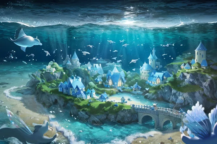 (Best quality,4K,8K,A high resolution,tmasterpiece:1.2),ultra - detailed，super complex,(((Undersea boat-shaped fairy tale village,Soft blue and white))),decorative shells,crystal-clear water,Sparkling waves,sparkling reflections,tranquil ambiance,(friendly...