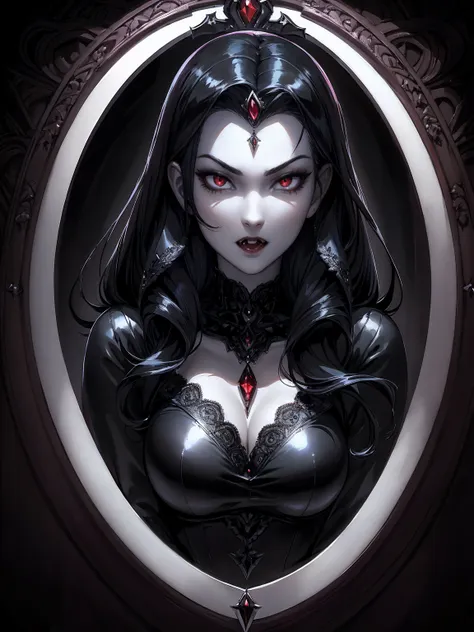 absurdres, ((stunning female vampire))), goth renaissance, (long black hair:1.erfect and detailed angular sharp oval shaped face...