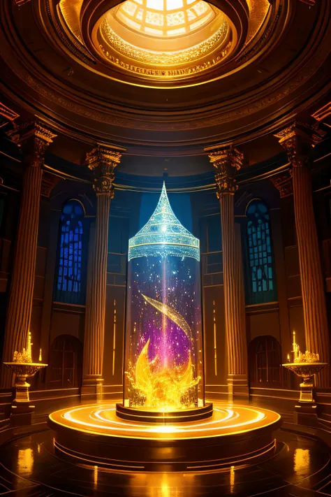 Sci-fi , round sealed room of gold and glass , Natural elements on altars , magic floating through the air , colorful elements , high details , realistic