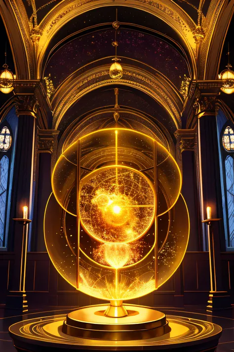 Sci-fi , round sealed room of gold and glass , Natural elements on altars , magic floating through the air , colorful elements , high details , realistic