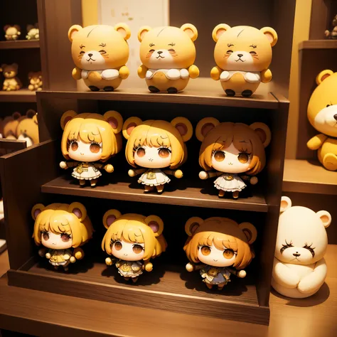 ​masterpiece、top-quality、ultra-detailliert、(Chibi Charas Daughter:1.3)Bear ears、yellow ghost、Stuffed bear on display shelf、A smile、Full-body standing figure、childs room、女の子1人