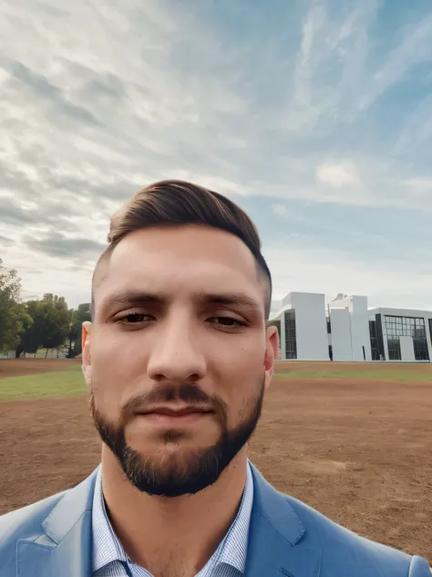 bearded man in a modern blue suit standing in a business field, 28 anos, imagem frontal, in front of a background with modern buildings, Foto selfie 8k, Homem elegante