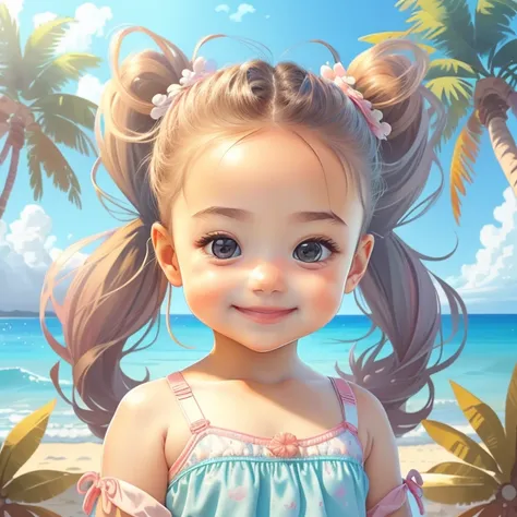 (cute baby girl smiling with ponytails playing in a beautiful beach with palm trees) Munchkin, Geometric multidimensional wall portrait, livro de arte, Tchibi,
Yang08k, Beautiful, Colouring,
Obras, of the highest quality, best quality, Arte Oficial, Beauti...