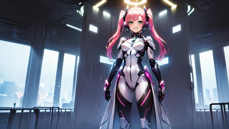 ​hd masterpiece, 1girl, ecchi girl ((20year old, dressed in a futuristic tight mecha body armor, boots, medium breasts:1.3, multicolor pink hair, twin ponytails, perfect model body:1.4, detailed green eyes:1.7, flirting, happy, big smile, wearing headphone...