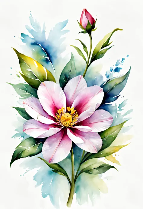 arte conceitual (ultrarrealista:1.3) watercolor flower illustration on white background, pintura colorida em aquarelaa, pintura ...