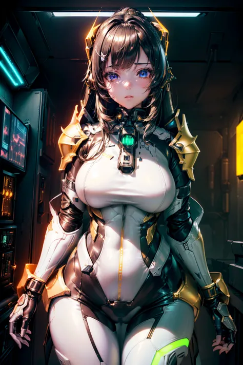 Arknights girl (masterpiece), best quality, expressive eyes, (((in hyper realistic and detailed neon-lit sci-fi plugsuit golden & white armor, aethereal aesthetic style))) beauty korean idoll, intricate perfect beauty cute face, detailed sharp eyes, hyper ...