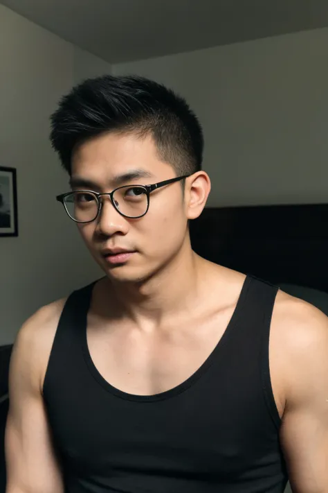 Andrew thomas huang, oval face, eyeglasses, neat muscular,