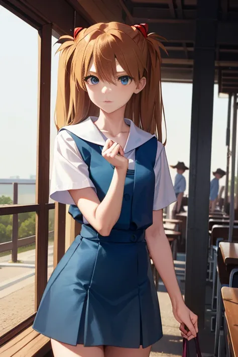 asukalangley, asuka langley soryu, (souryuu asuka langley:1.5), blue eyes, hair between eyes, headgear, interface headset, orange hair, two side up,
BREAK blue dress, collarbone, dress, neck ribbon, pinafore dress, red ribbon, ribbon, school uniform, shirt...