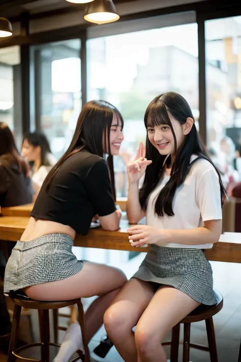 Model-like Japanese university students chatting happily at a cafe.、Sitting on a chair、Very short skirt、I can see my feet from under the desk、cafes、Looking into the distance、ami、portrait shooting、Very detailed face、Face like an idol、One leg raised、Panties ...