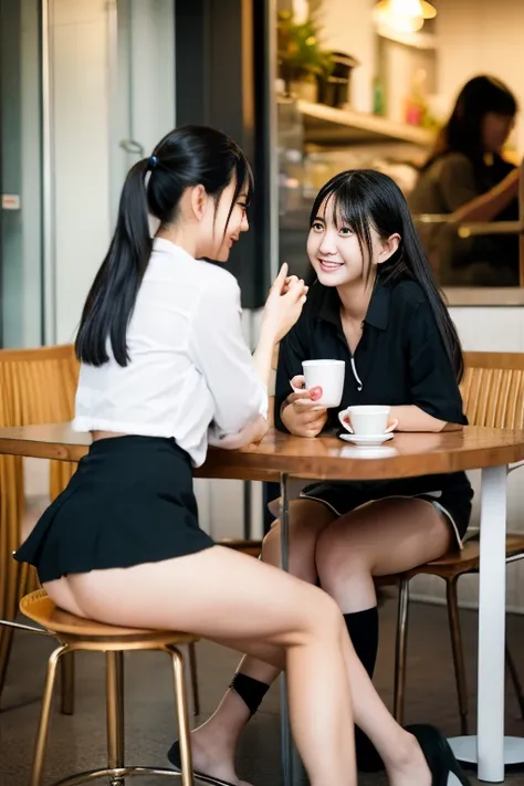 Model-like Japanese university students chatting happily at a cafe.、Sitting on a chair、Very short skirt、I can see my feet from under the desk、cafes、Looking into the distance、ami、portrait shooting、Very detailed face、Face like an idol、One leg raised、Panties ...