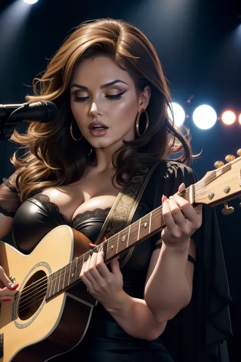 Lucy Pinder, voluptuous woman, ((VERY INTENSE MAKEUP)), (ADELE), (Dina Meyer), beautiful dress, mouth wide open, eyes closed, playing guitar, singing