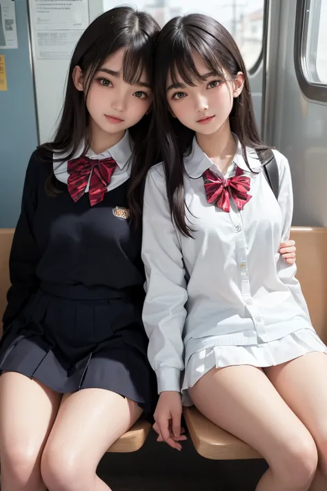 ((best quality, 8k, masterpiece)), ultra-detailed, sharp focus, (two cute girls sitting side by side), 18yo, ((white panties:1.2)), lace panties, (sitting on the seat of a train), (long seats), ((school uniform)), highly detailed face and skin texture, ((d...