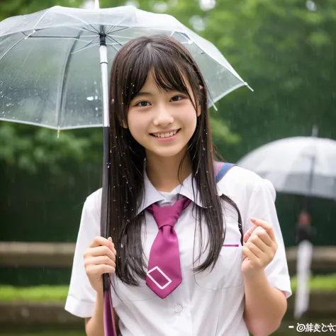 hi-school girl、sixteen years old、Cute Japan Girl、japanese hight school uniform、My skin is transparent because it&#39;s wet from the rain、She&#39;s not wearing any underwear, so her pink nipples are clearly visible.、Smiling smile