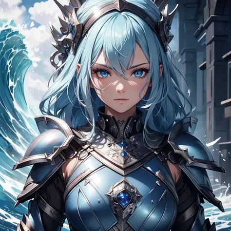 master piece, 8k, ultra detailed, blue armor, sapphire encrusted, girl, light blue hair, sweet face, navy blue eyes, ocean wave ...