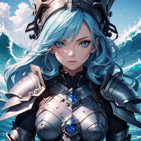 Master piece, 8k, ultra detailed, blue armor, sapphire encrusted, girl, light blue hair, sweet face, navy blue eyes, ocean wave on background