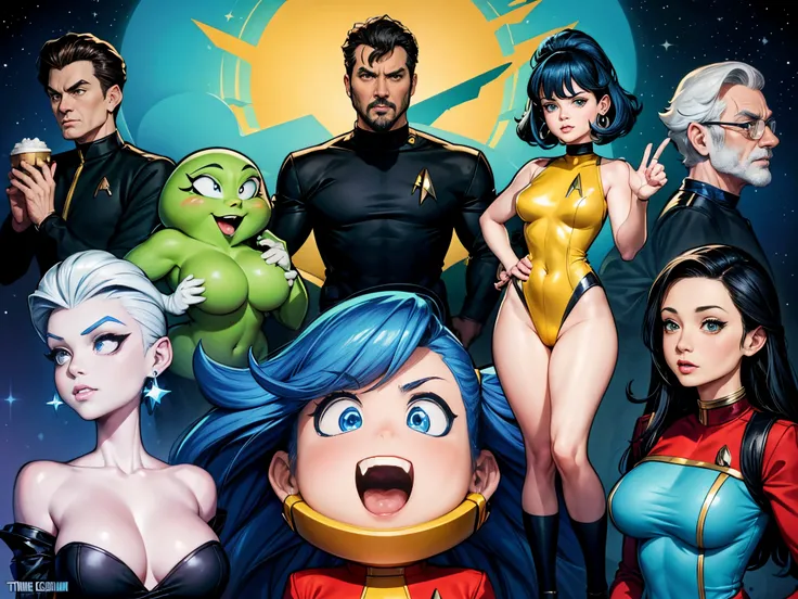 Depict the characters of "Star Trek: The Next Generation", enormous tits,  in a playful and exaggerated cartoon style, emphasizing their unique personalities and humorous interactions. Draw inspiration from cartoonists like Mike Mignola or Bruce Timm.