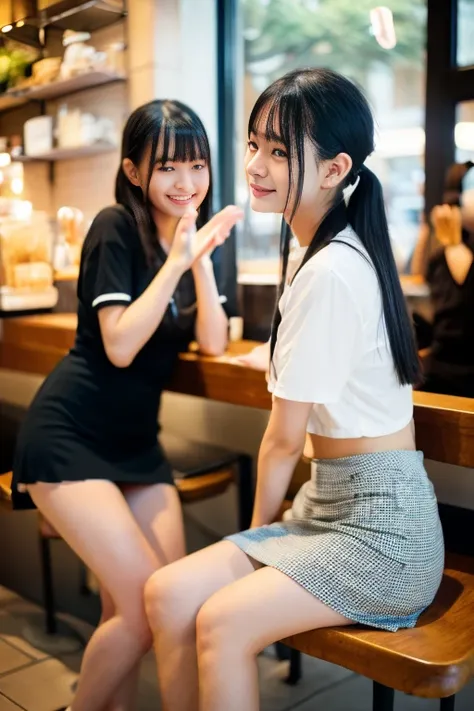 Model-like Japanese university students chatting happily at a cafe.、Sitting on a chair、Very short skirt、I can see my feet from under the desk、cafes、Looking into the distance、ami、portrait shooting、Very detailed face、Face like an idol、One leg raised、Panties ...