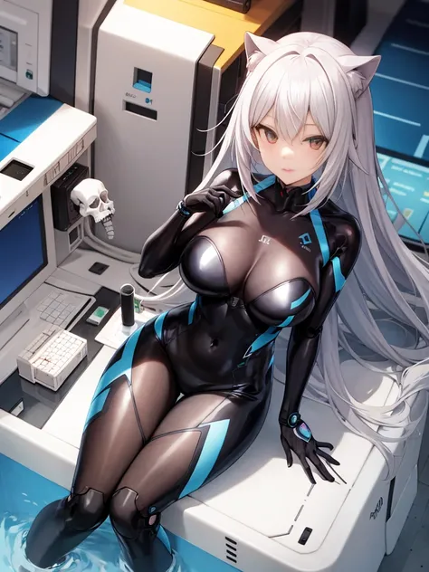 masutepiece, Best Quality, 1girl in, Translucent skin, Blue bodysuit, Mechanical, Cowboy Shot, spaces, Sitting, From  above, Large breasts, bones