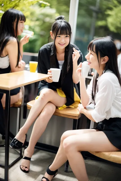 Japanese university students chatting happily while drinking coffee at a cafe.、Sitting on a chair、Very short skirt、I can see my feet from under the desk、cafes、Looking into the distance、ami、portrait shooting、Very detailed face、Face like an idol、One leg rais...