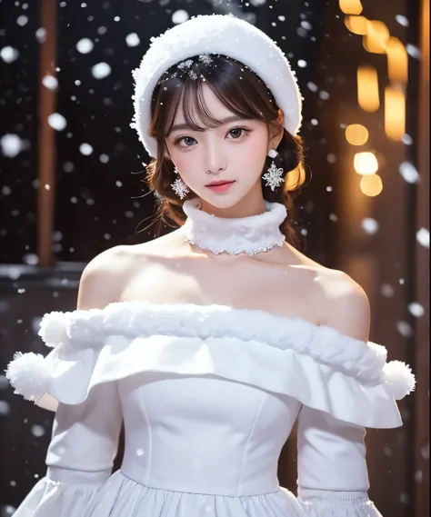 (white theme:1.3), (white fluffy night cap:1.3), (white fluffy striped dress, off-shoulder, puff-sleeves:1.5), (white flower choker), (earrings with snowflake motif), BREAK
(snowing:1.5), starry night, winter sky, snowflake, (bokeh:0.9), blurry