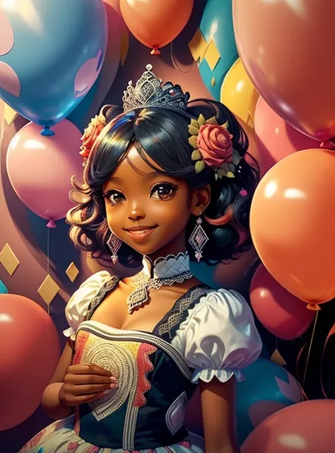 ((|) (cute black princess smiling, happy celebration, ballons, beautiful cake ) stylized identical to 1940 |)), acolchoamento ,multidimensional geometric wall PORTRAIT, arte, Chibi,
Yang016K, lindo,(( Predominant red coloration ,rosa e branco))
Primary wor...