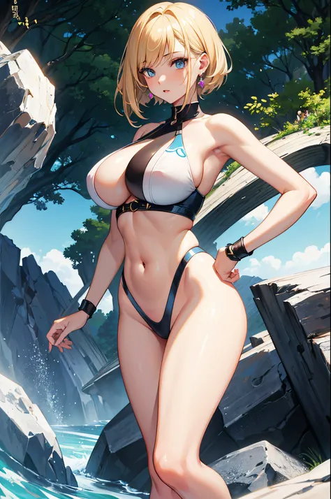 masterpiece:,best quality,high resolution,hiromitsu takeda style,1 teen girl,caucasian girl:,beautiful and sexy girl,sexy pose,standing,arms crossed,cliff background,android 18,solo,blonde hair,blue eyes,short blonde hair,pixie haircut,earrings,jewelry,cut...