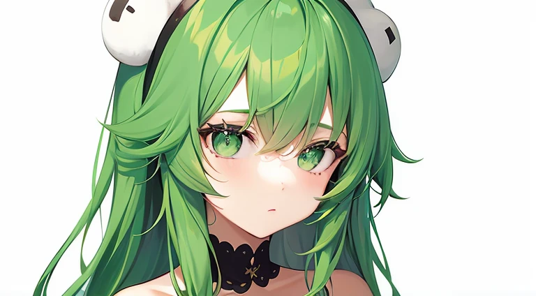 1girl, solo, green eyes, green hair, long hair, bangs, medium breasts, cute polar bear costume, upper body, white background, intricately eyes, intricately hair, intricately clothing, 8k